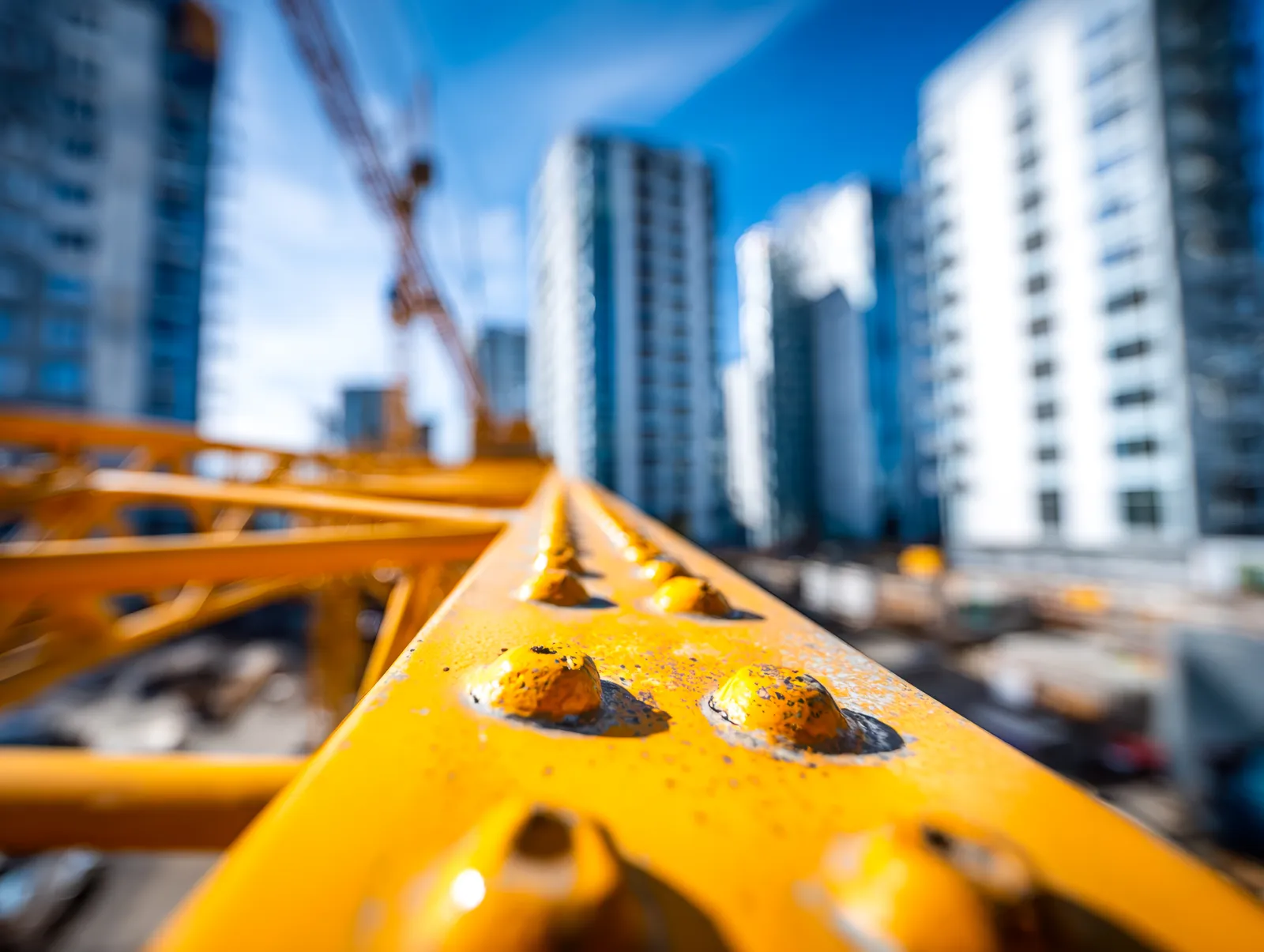 Construction site with tower cranes and buildings under way.