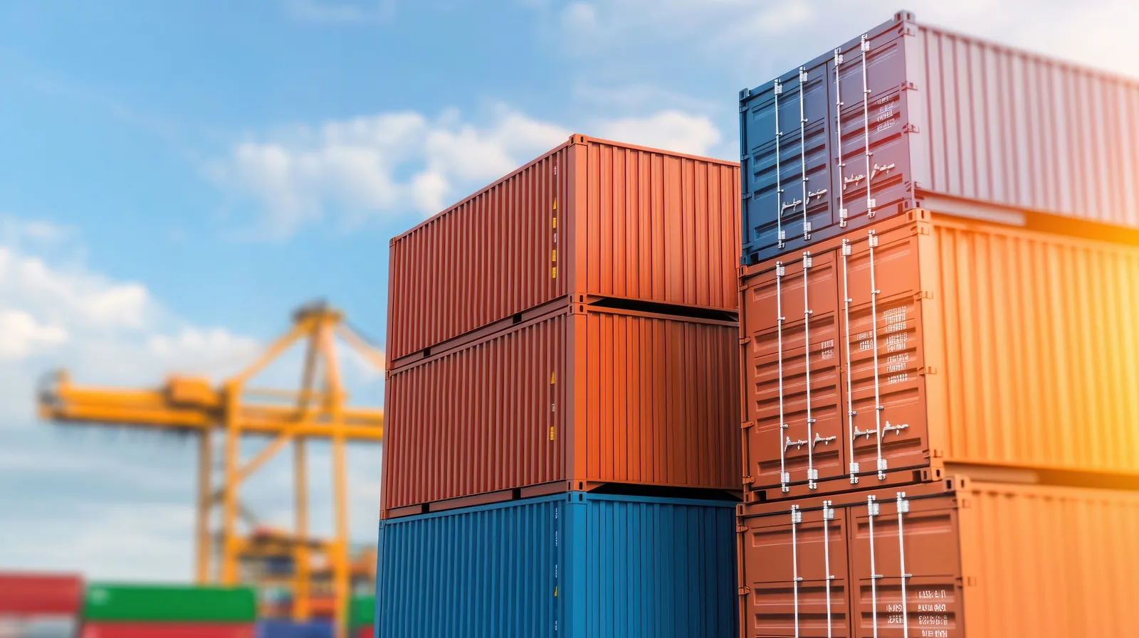 Stacked shipping containers in a port yard served by a gantry crane.