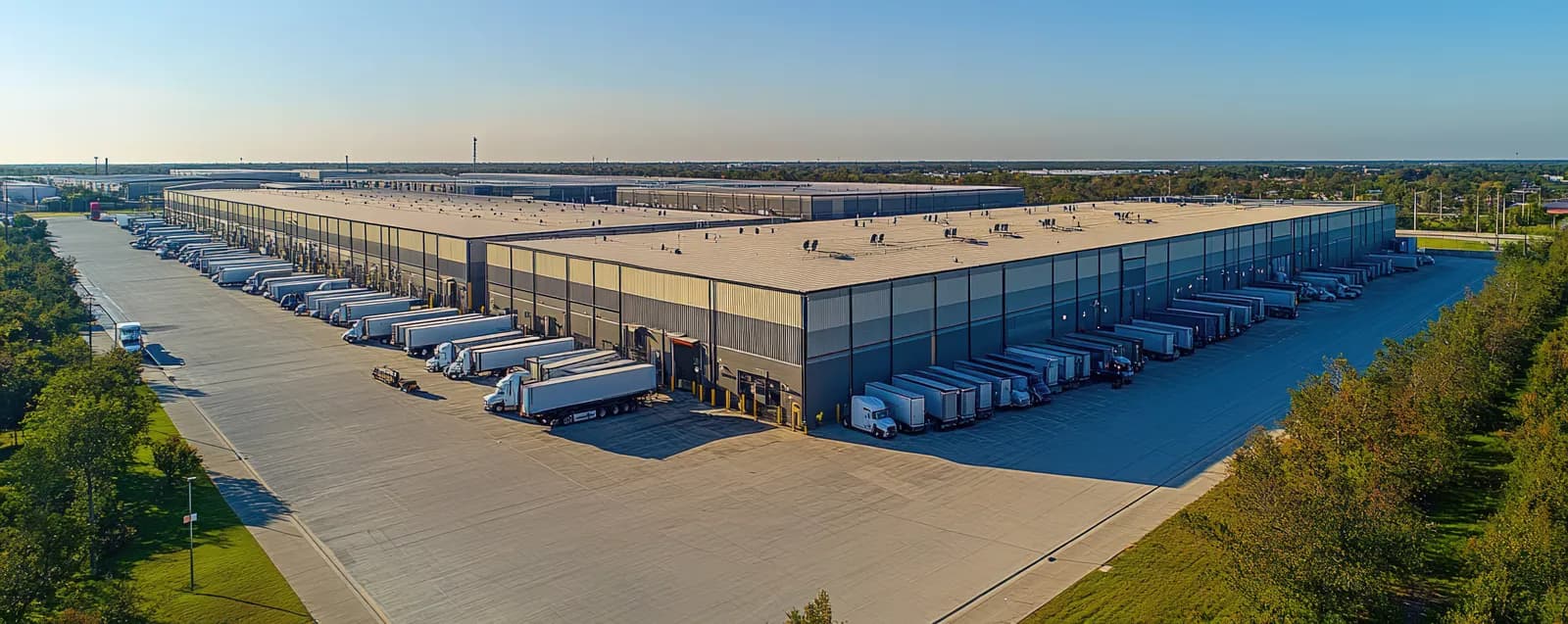 Aerial view of a large distribution warehouse.