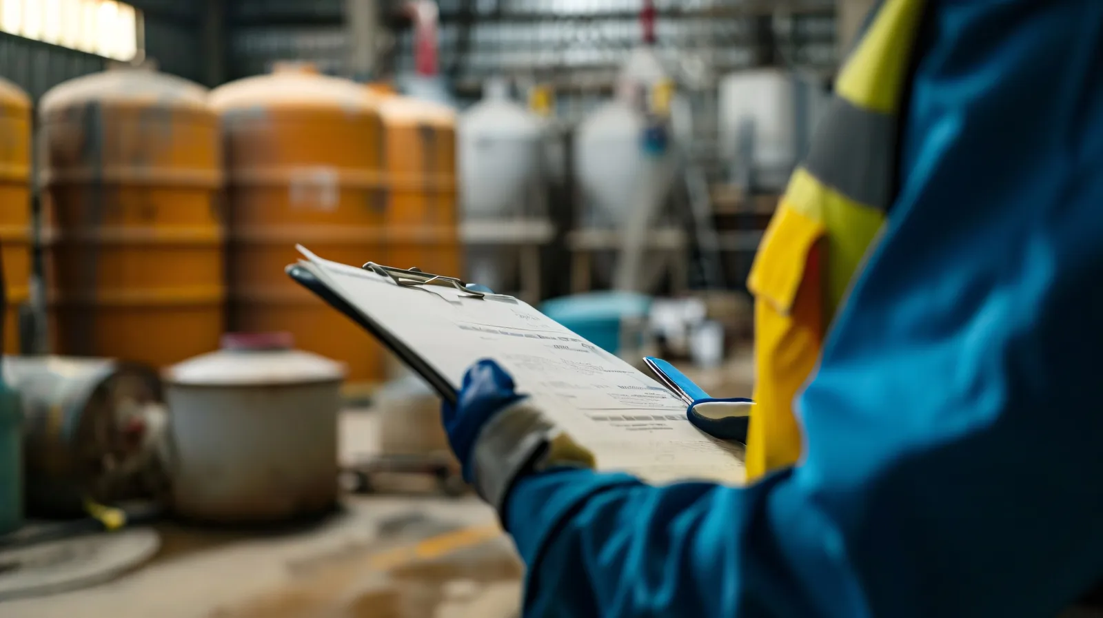 Inspector recording details beside industrial drums.