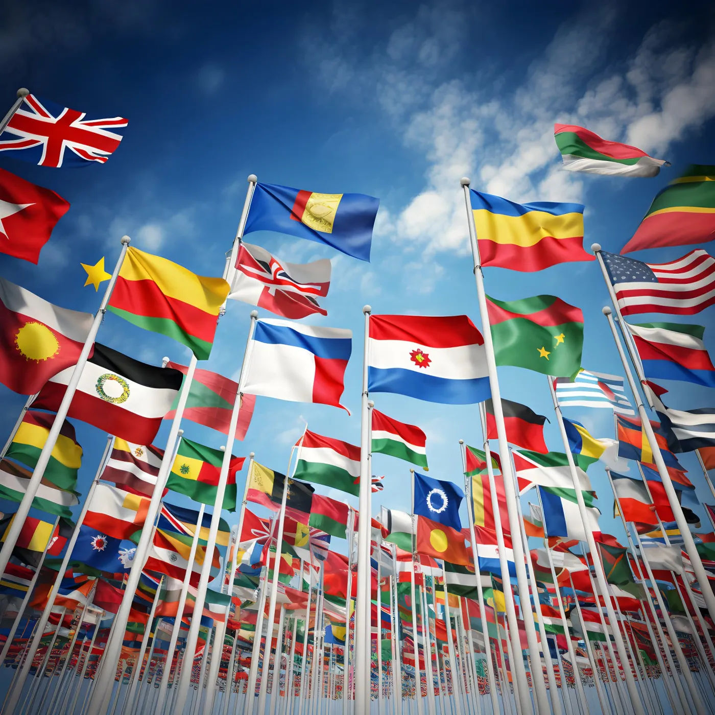 National flags of many countries displayed together.