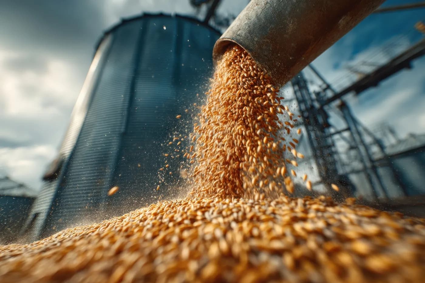 Grain being poured into a storage bin during a bulk handling operation.
