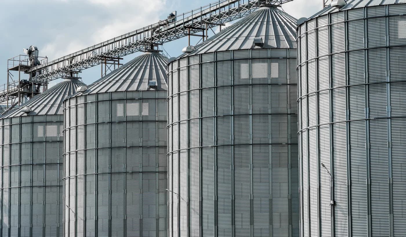 Steel agricultural grain storage silos.