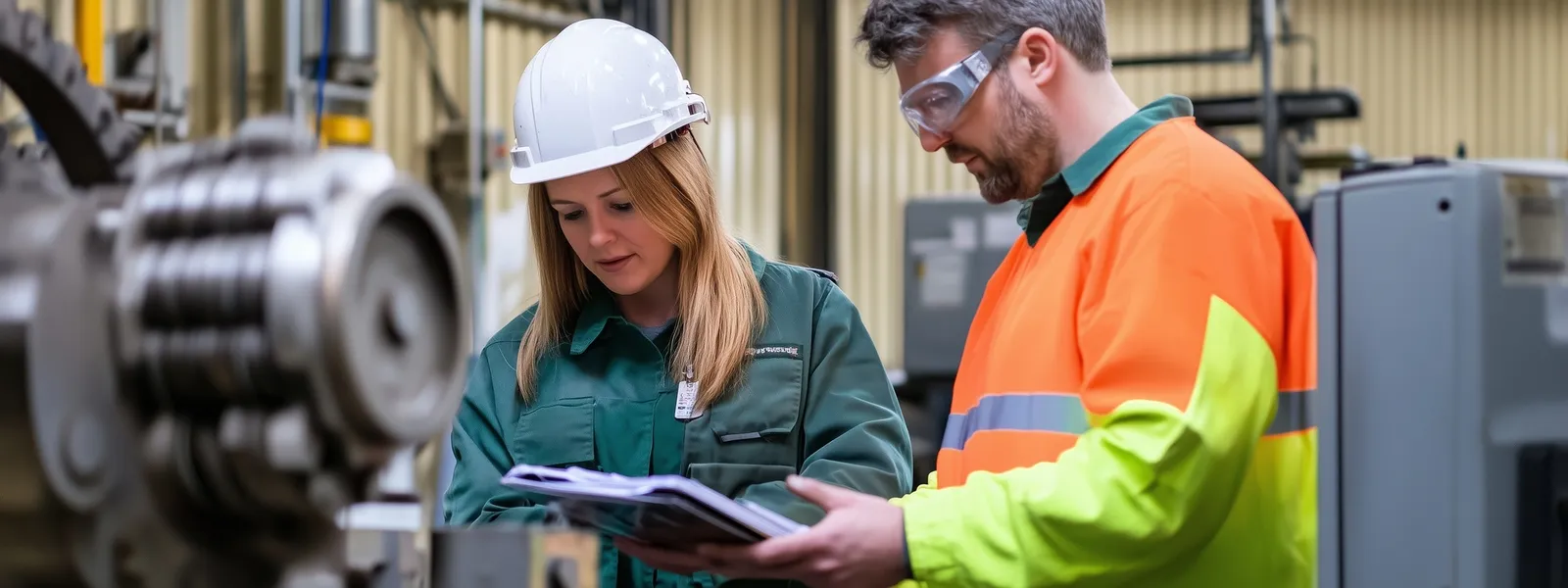 Two inspectors in high-visibility clothing reviewing equipment during an industrial site inspection.