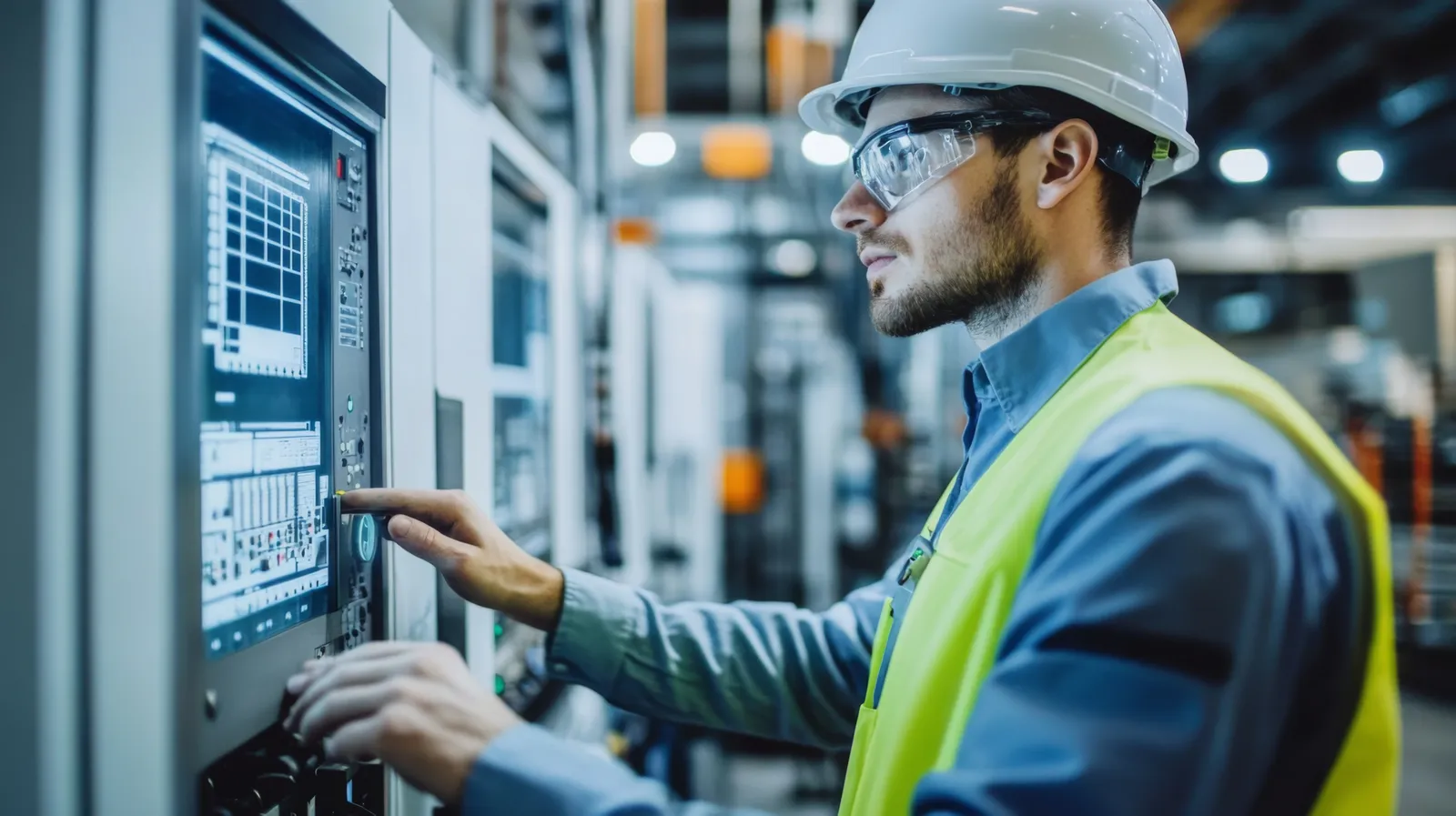 Technician at an industrial production control panel.