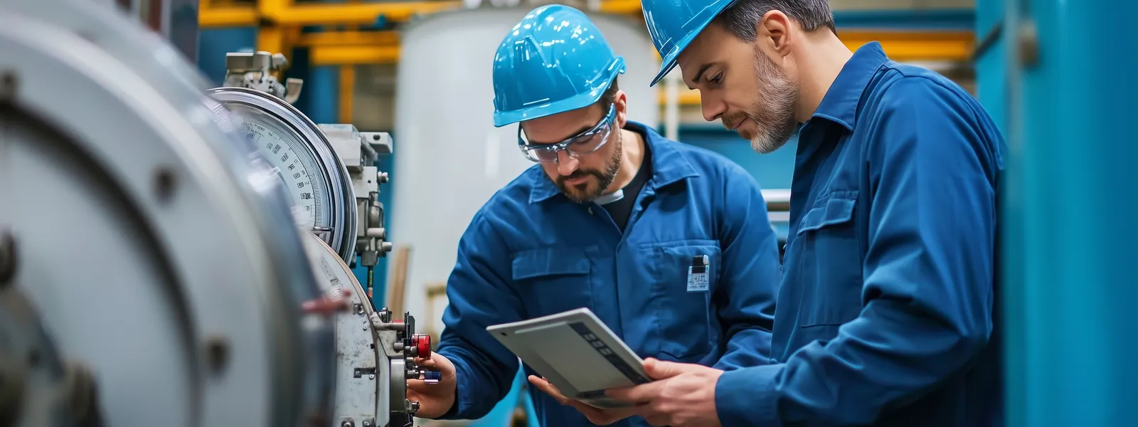 Technicians inspecting mechanical plant equipment.