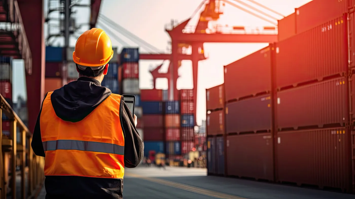 Operations worker in a hard hat and safety vest at a container port.