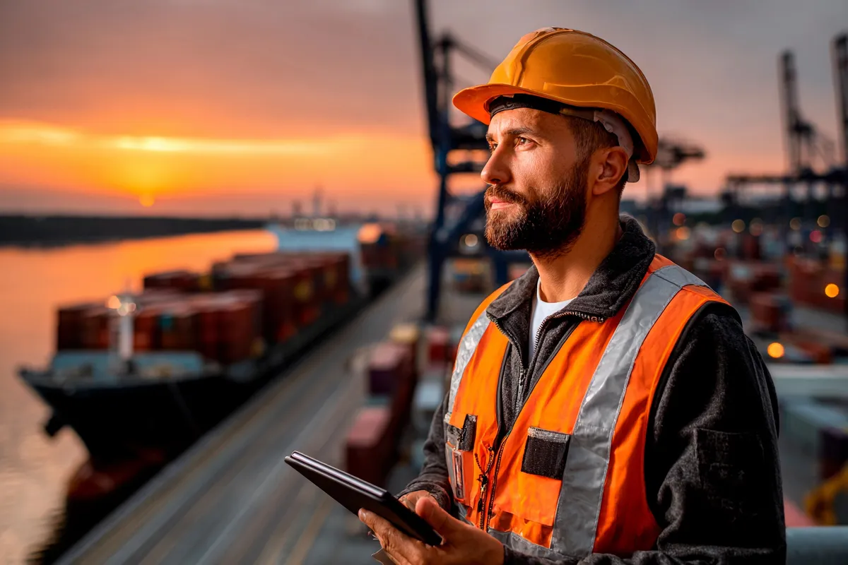 Port inspector in a safety vest and hard hat at a container terminal at sunset.