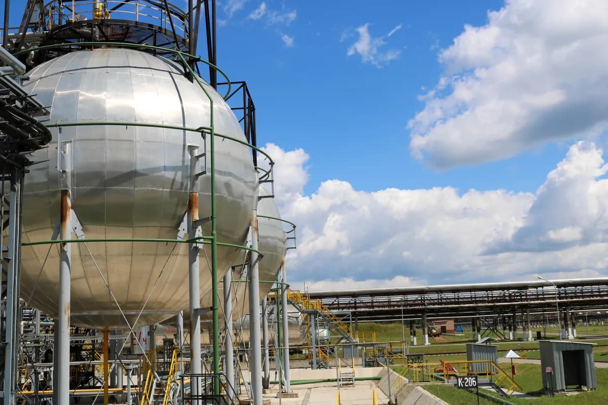 Close-up of a large high-pressure spherical steel storage vessel.