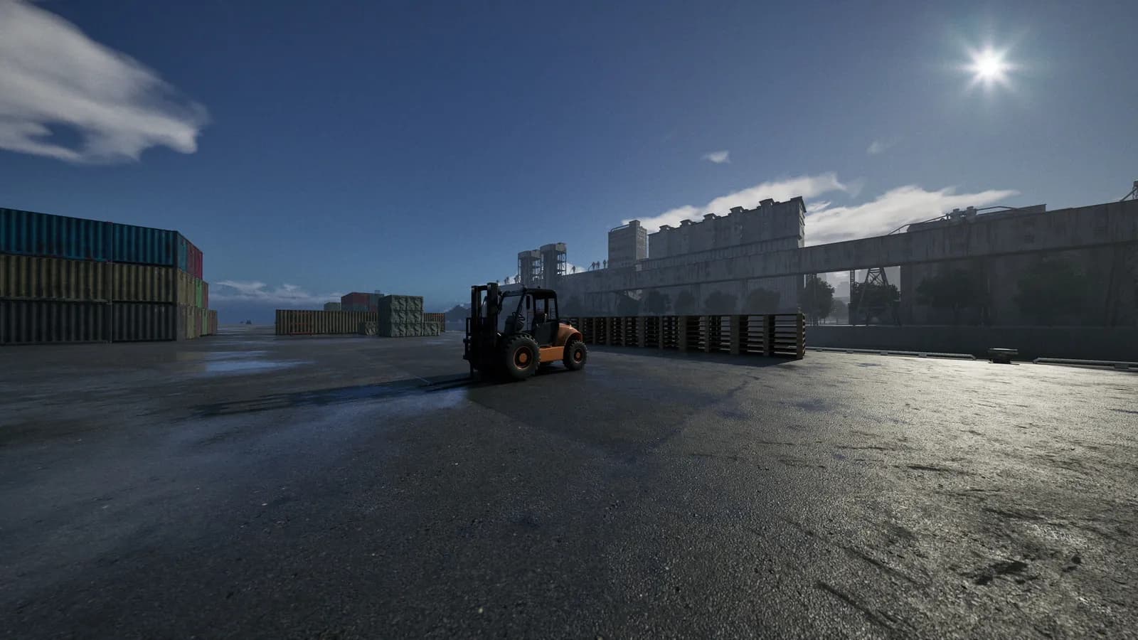 Forklift handling cargo inside a warehouse.