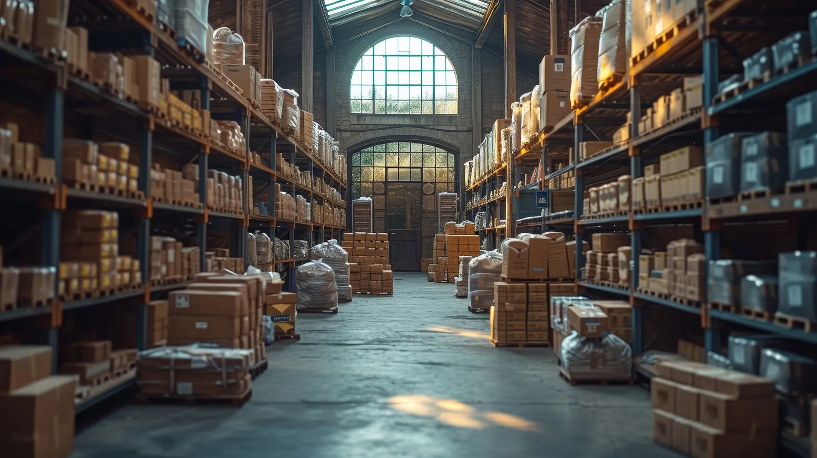 Racked storage warehouse holding stored goods.